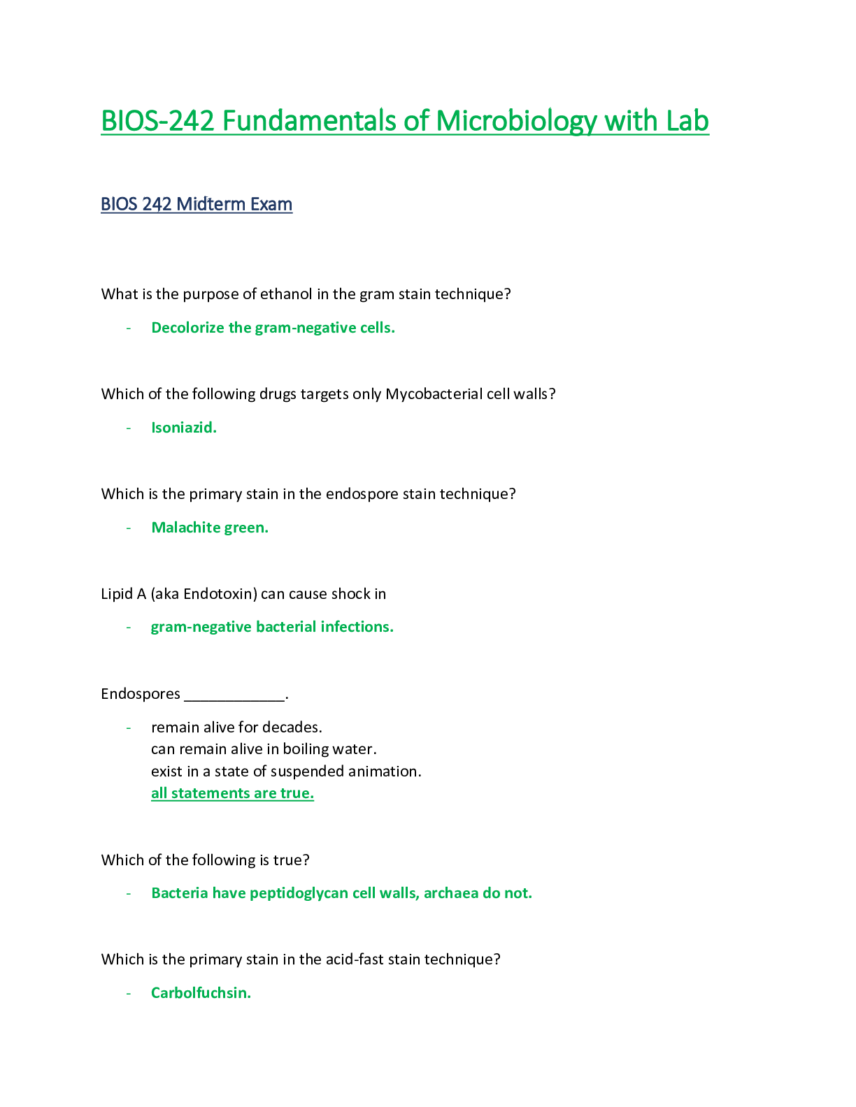 Preview of BIOS242 / BIOS 242 Midterm Exam (Latest Update): Fundamentals of Microbiology with Lab - C